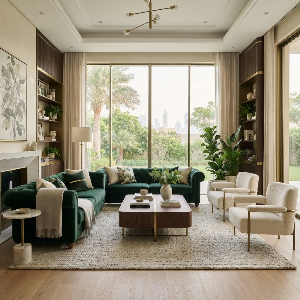 Luxury emerald living room interior