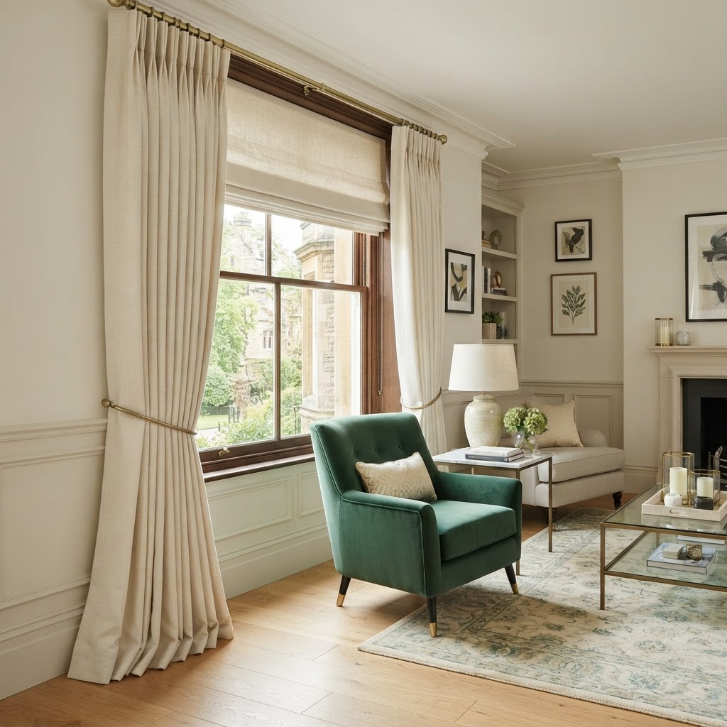 Custom Curtains, Metal & Roman Blinds